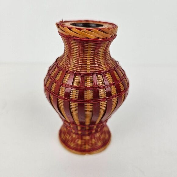 Shanghai Handicrafts Miniature Vase Woven Wicker Rattan‎ Bamboo Basket Vtg Label - Picture 2 of 9